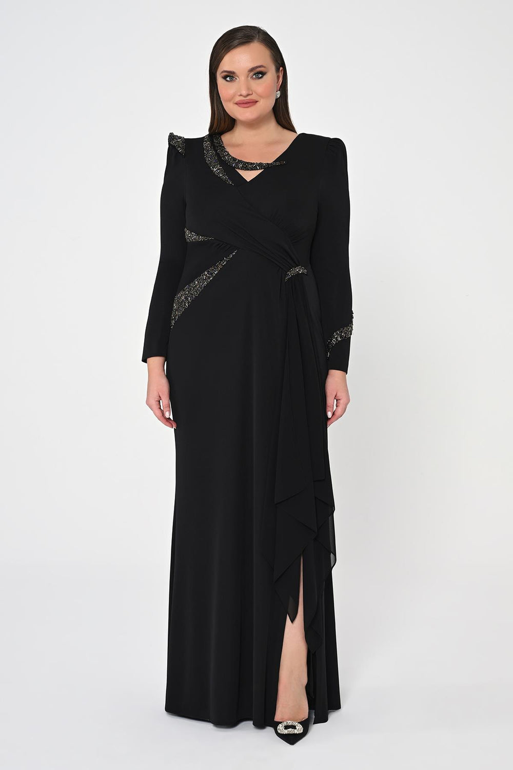 Long Sleeve Embroidered Sequin Crepe Maxi Dress