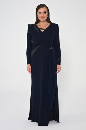 Long Sleeve Embroidered Sequin Crepe Maxi Dress