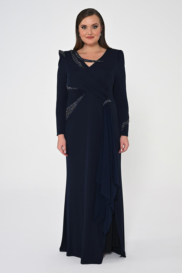 Long Sleeve Embroidered Sequin Crepe Maxi Dress