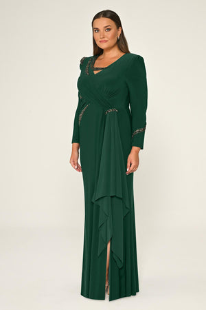 Long Sleeve Embroidered Sequin Crepe Maxi Dress