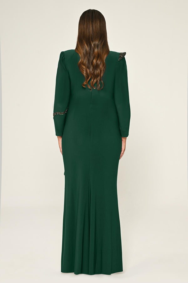 Long Sleeve Embroidered Sequin Crepe Maxi Dress