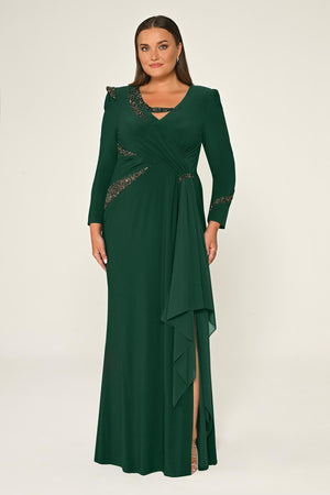 Long Sleeve Embroidered Sequin Crepe Maxi Dress
