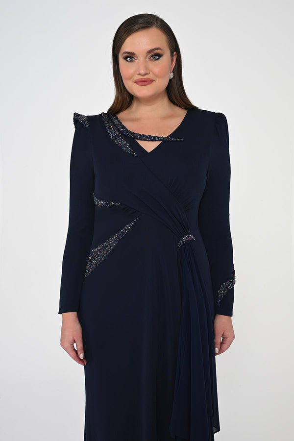 Long Sleeve Embroidered Sequin Crepe Maxi Dress