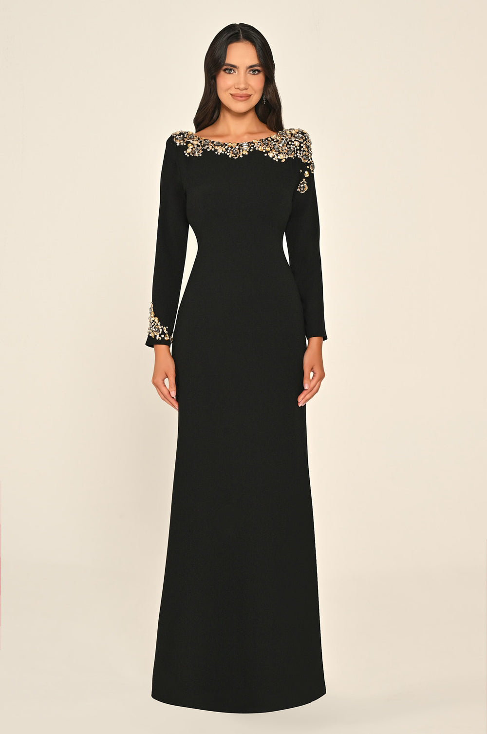 Long Sleeve Embellished Open-Back Crepe Long Dress
