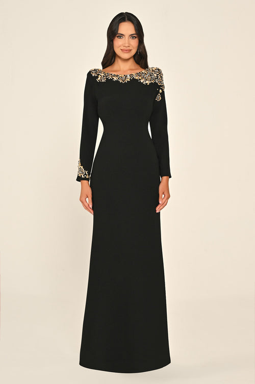 Long Sleeve Embellished Open-Back Crepe Long Dress