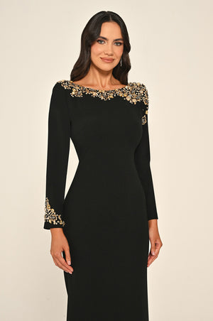 Long Sleeve Embellished Open-Back Crepe Long Dress