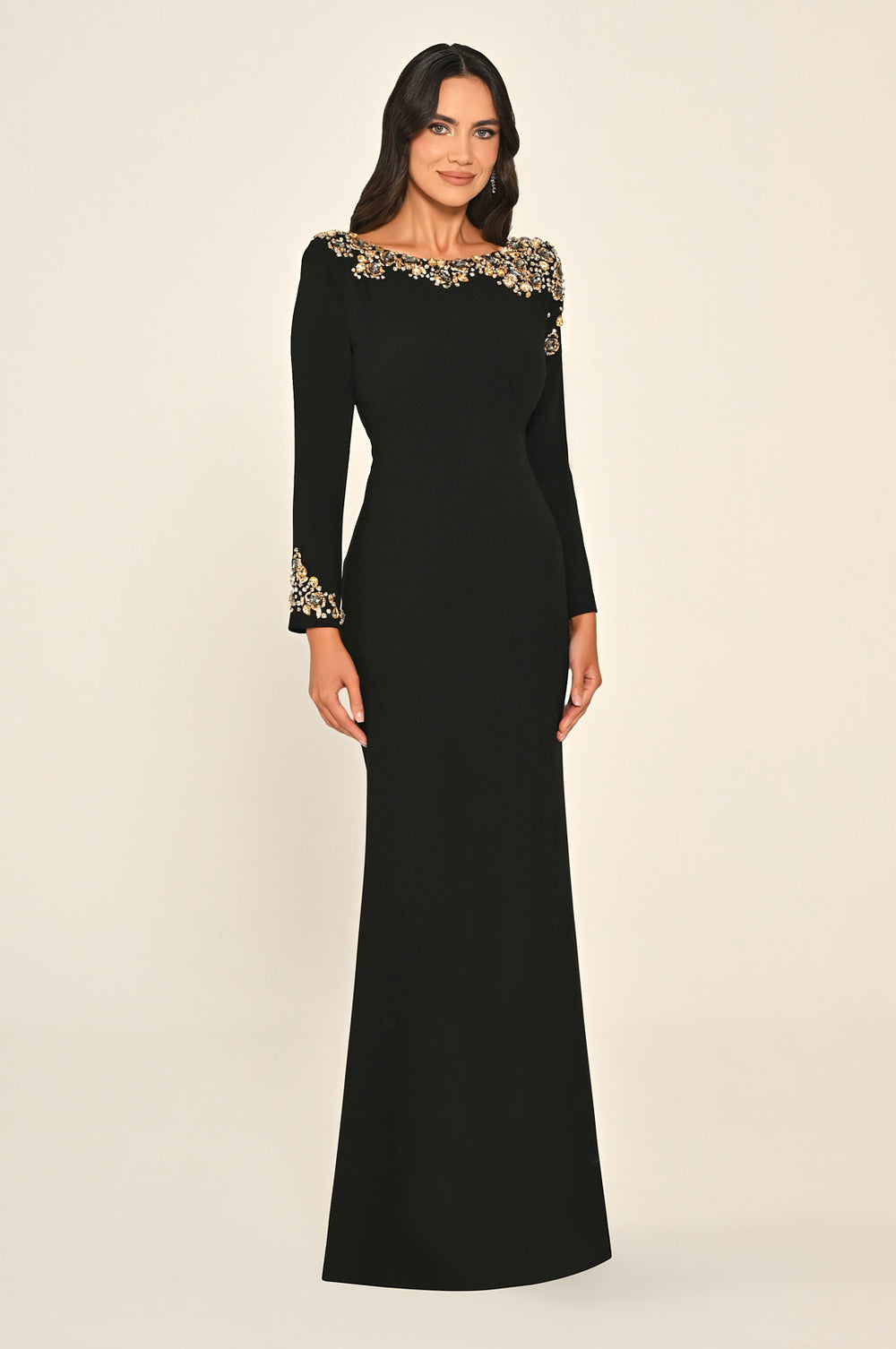 Long Sleeve Embellished Open-Back Crepe Long Dress