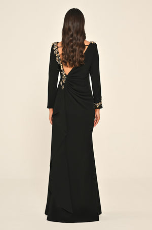 Long Sleeve Embellished Open-Back Crepe Long Dress