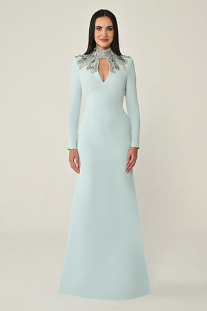 Long Sleeve Top with Backless Crepe Long Dress