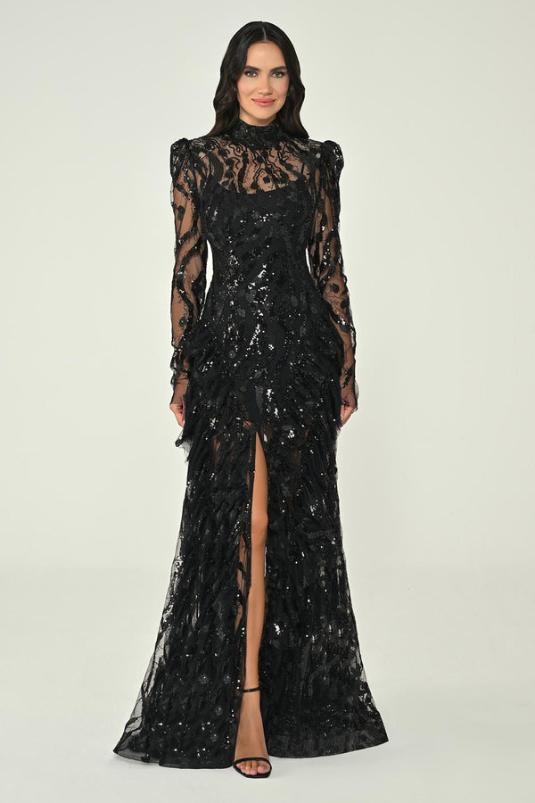 Long-Sleeve Padded Front Slit Sequin Long Dress
