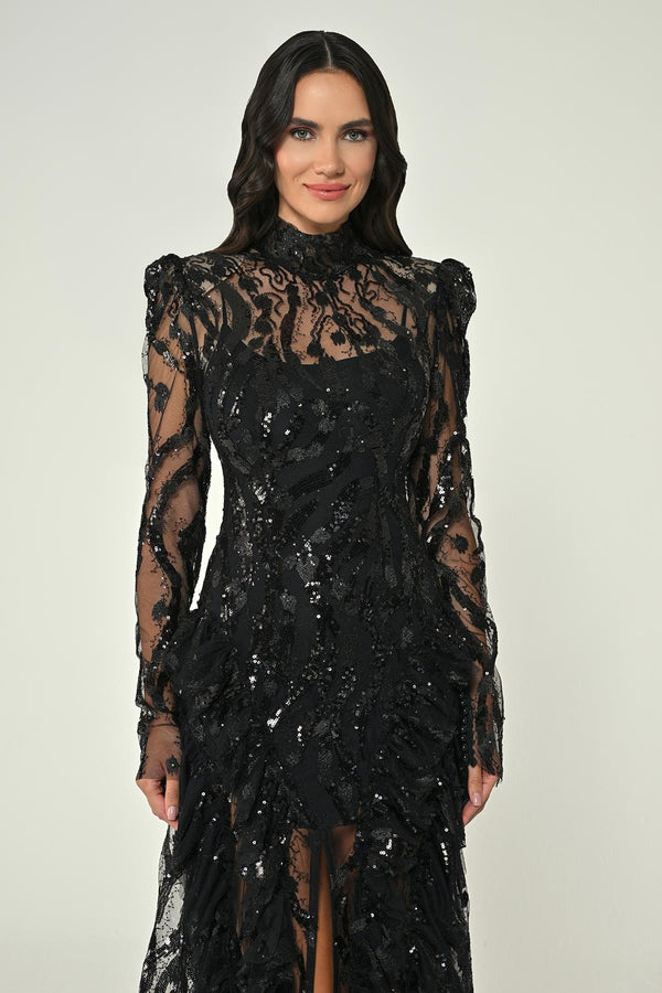 Long-Sleeve Padded Front Slit Sequin Long Dress