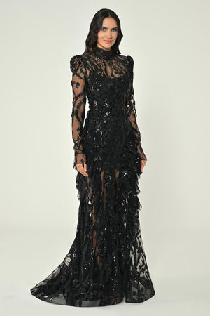 Long-Sleeve Padded Front Slit Sequin Long Dress