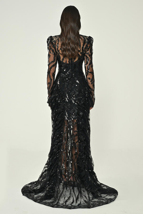 Long-Sleeve Padded Front Slit Sequin Long Dress