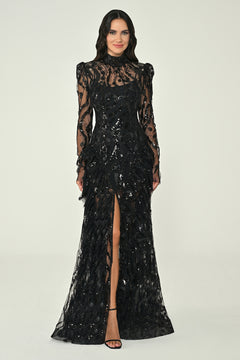 Long-Sleeve Padded Front Slit Sequin Long Dress