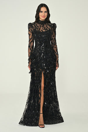 Long-Sleeve Padded Front Slit Sequin Long Dress