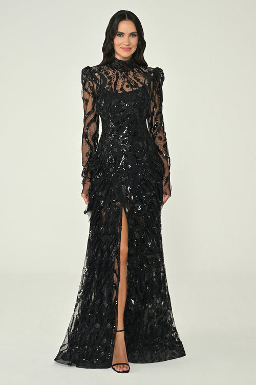 Long-Sleeve Padded Front Slit Sequin Long Dress
