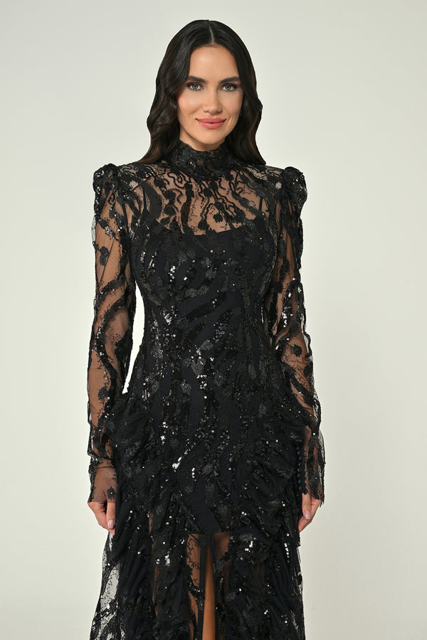 Long-Sleeve Padded Front Slit Sequin Long Dress