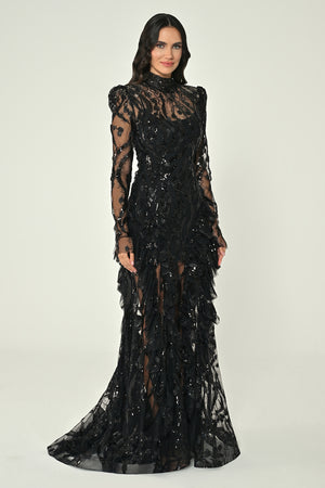 Long-Sleeve Padded Front Slit Sequin Long Dress