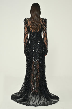 Long-Sleeve Padded Front Slit Sequin Long Dress