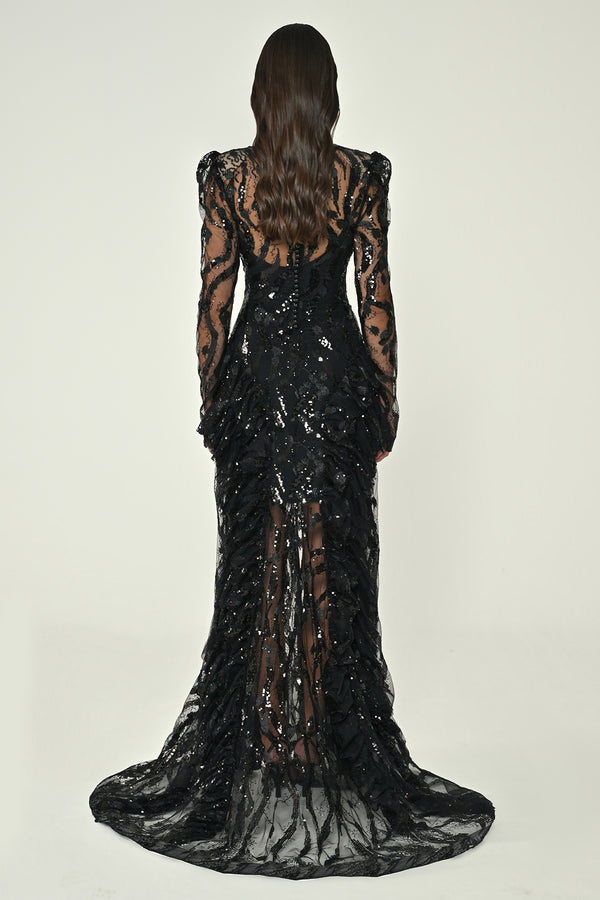 Long-Sleeve Padded Front Slit Sequin Long Dress