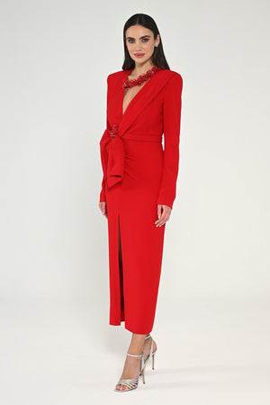 Long Sleeve Padded V-Neck Front Slit Midi Dress