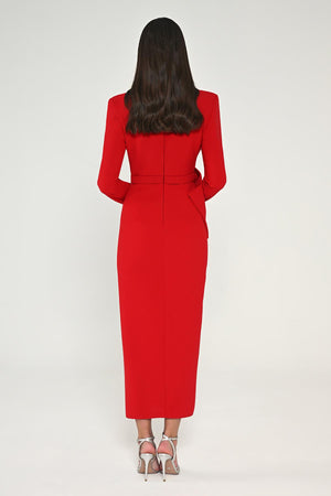 Long Sleeve Padded V-Neck Front Slit Midi Dress