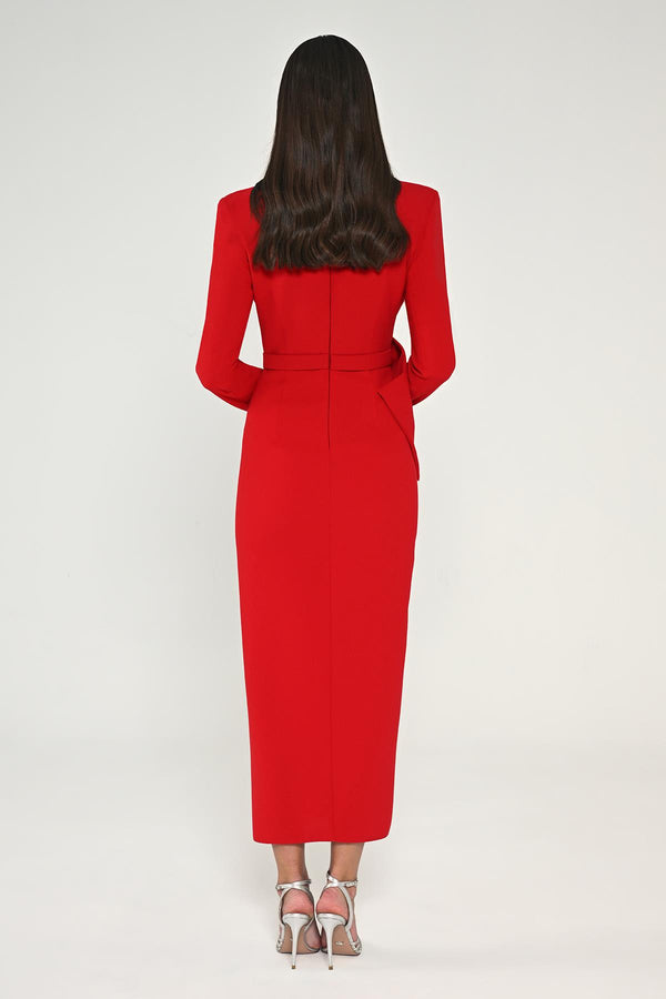 Long Sleeve Padded V-Neck Front Slit Midi Dress
