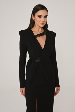 Long Sleeve Padded V-Neck Front Slit Midi Dress
