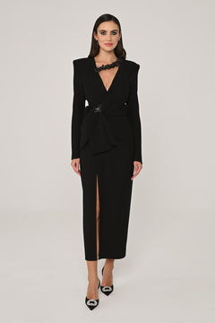 Long Sleeve Padded V-Neck Front Slit Midi Dress