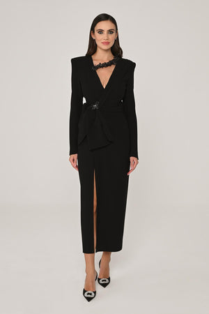 Long Sleeve Padded V-Neck Front Slit Midi Dress