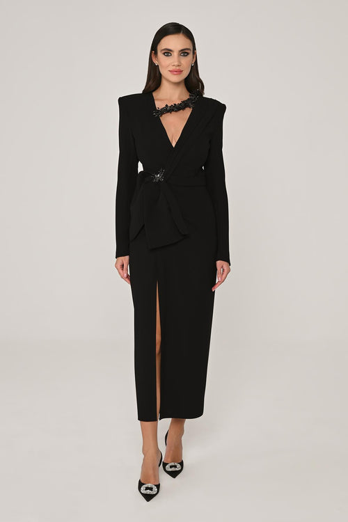 Long Sleeve Padded V-Neck Front Slit Midi Dress