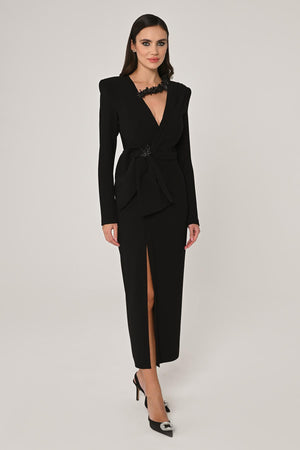 Long Sleeve Padded V-Neck Front Slit Midi Dress
