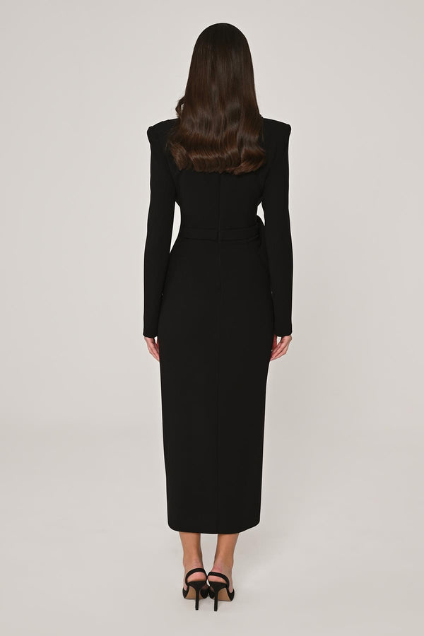 Long Sleeve Padded V-Neck Front Slit Midi Dress