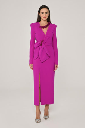 Long Sleeve Padded V-Neck Front Slit Midi Dress