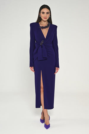 Long Sleeve Padded V-Neck Front Slit Midi Dress