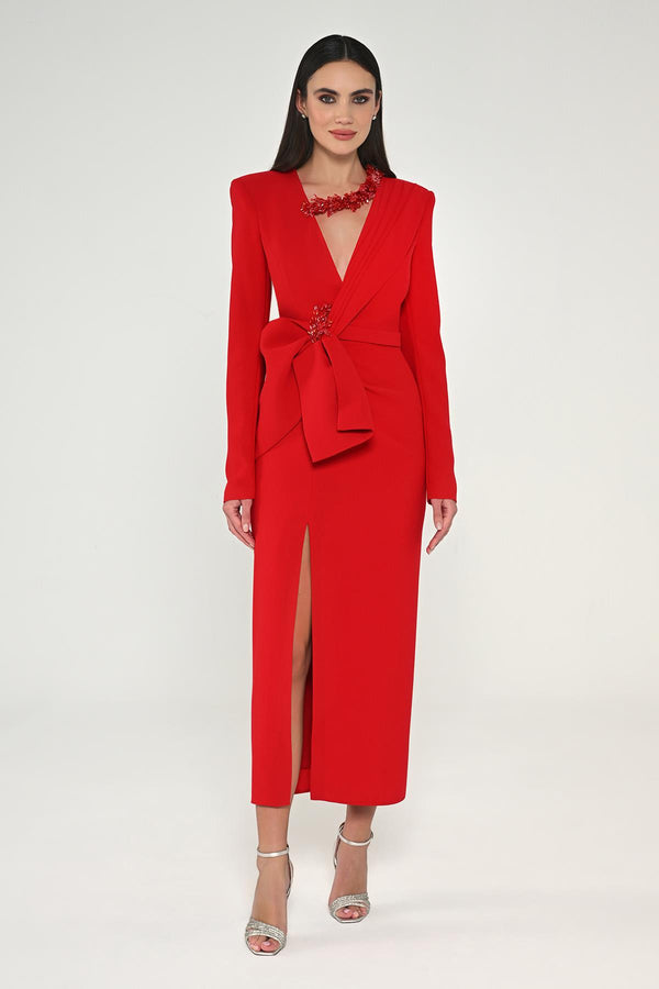 Long Sleeve Padded V-Neck Front Slit Midi Dress