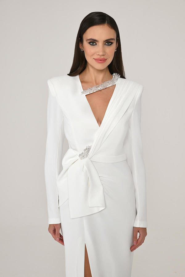 Long Sleeve Padded V-Neck Front Slit Midi Dress