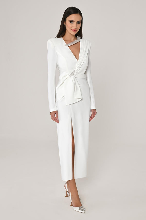 Long Sleeve Padded V-Neck Front Slit Midi Dress