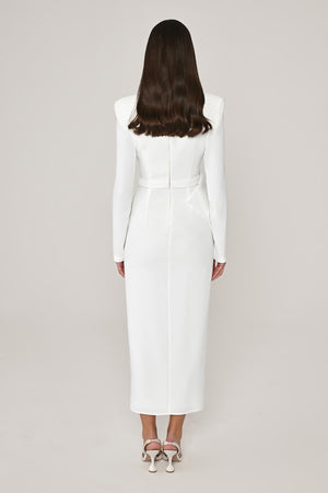 Long Sleeve Padded V-Neck Front Slit Midi Dress