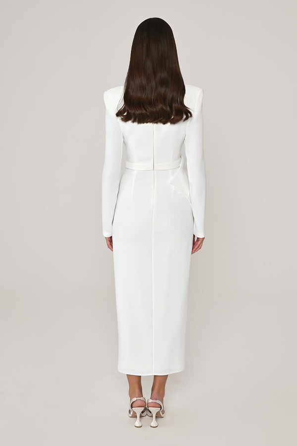 Long Sleeve Padded V-Neck Front Slit Midi Dress