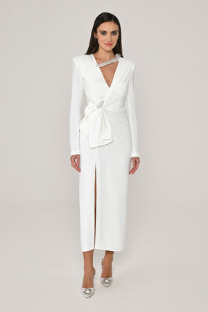 Long Sleeve Padded V-Neck Front Slit Midi Dress
