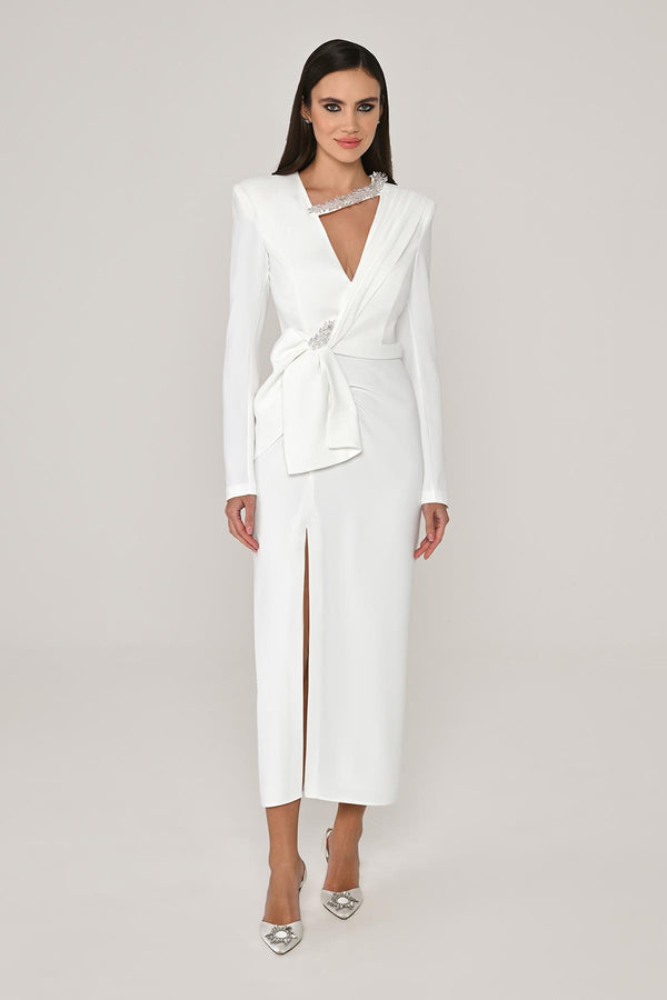 Long Sleeve Padded V-Neck Front Slit Midi Dress