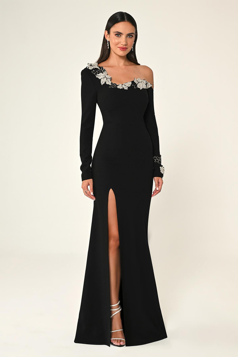 Long-Sleeved Crepe Maxi Dress with Embellished Neckline