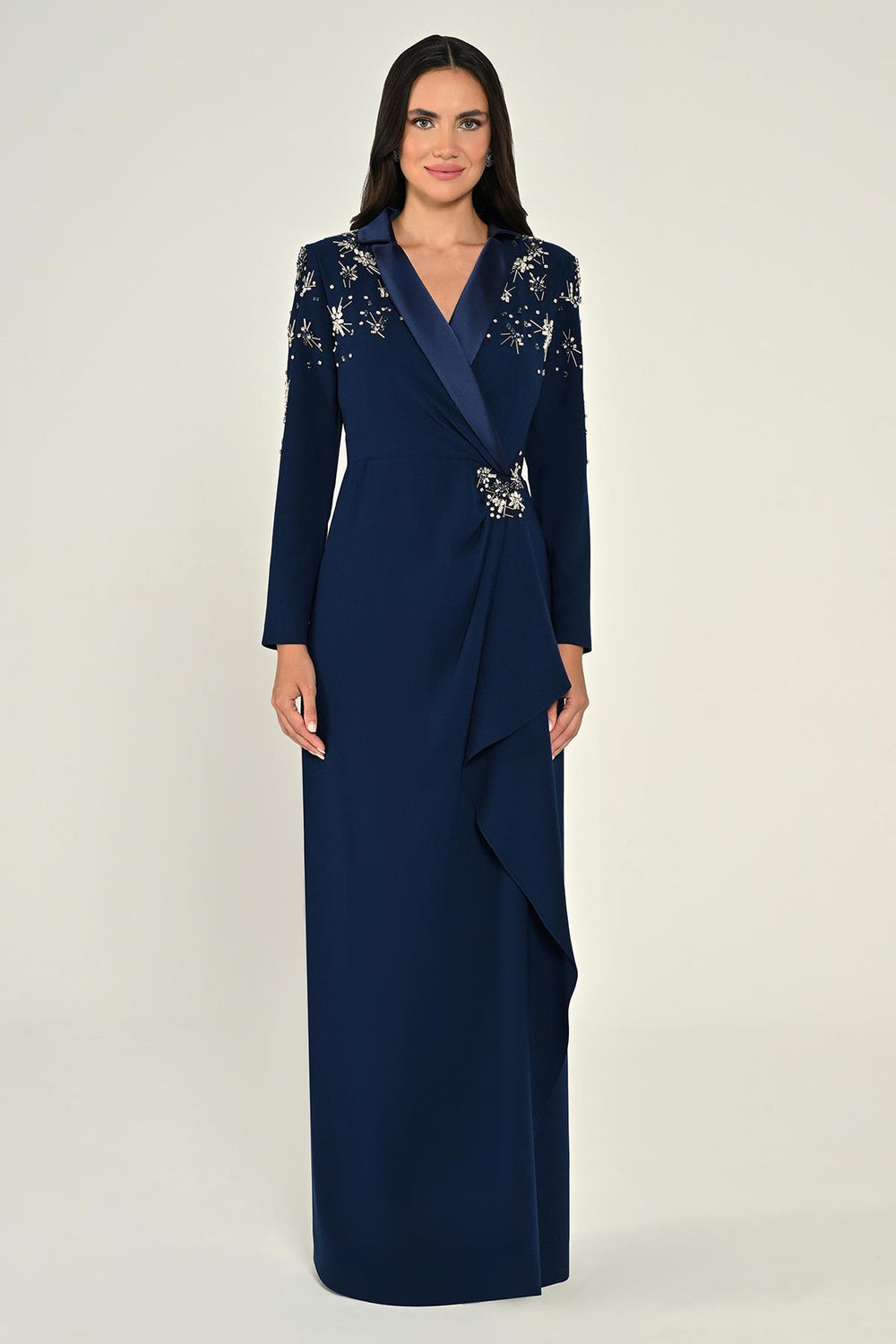 Long-Sleeved Wrap Dress with Shoulder and Waist Accessories