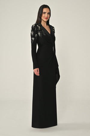 Long-Sleeved Wrap Dress with Shoulder and Waist Accessories