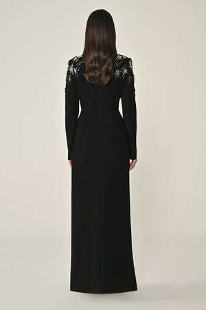 Long-Sleeved Wrap Dress with Shoulder and Waist Accessories