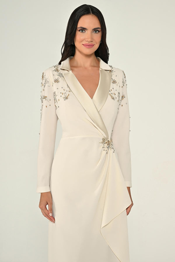 Long-Sleeved Wrap Dress with Shoulder and Waist Accessories