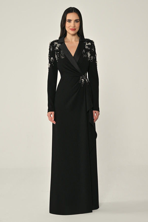 Long-Sleeved Wrap Dress with Shoulder and Waist Accessories
