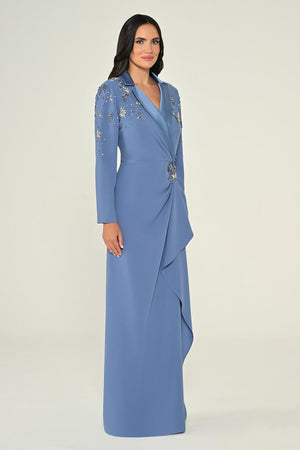 Long-Sleeved Wrap Dress with Shoulder and Waist Accessories