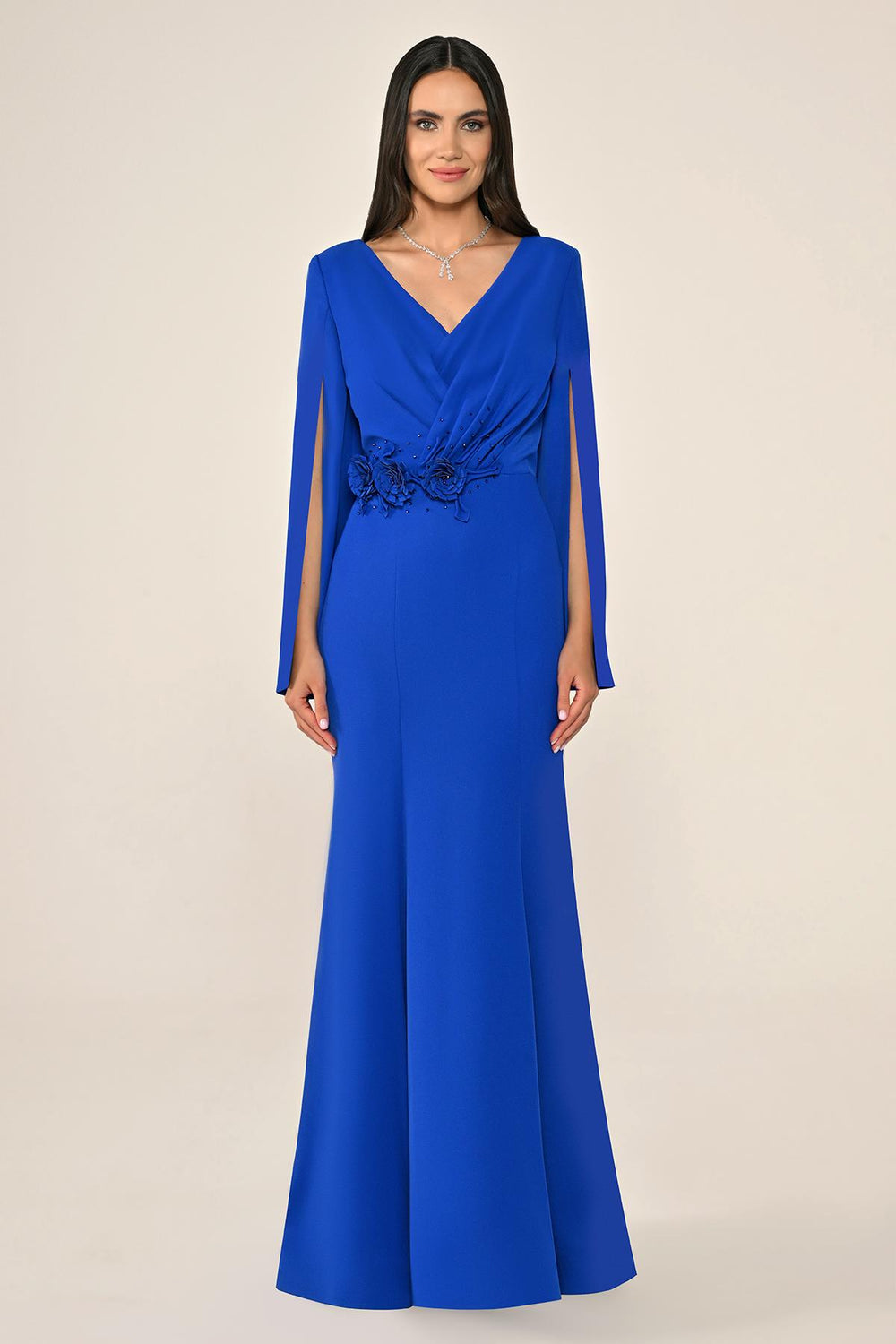 V-Neck Crêpe Long Dress with Floral Waist Detail